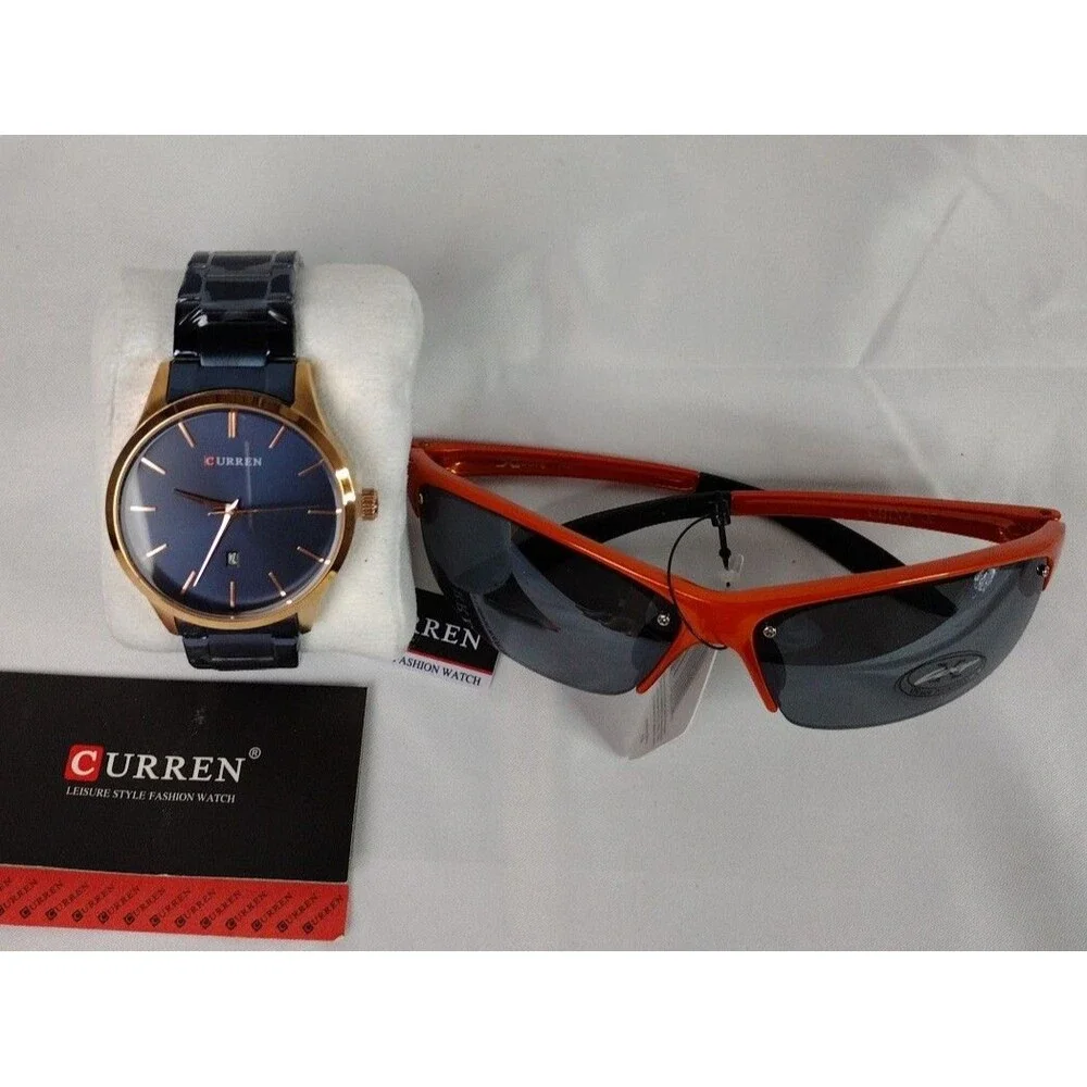 Men's Fashion Watch with Date. Blued Metal Band/Rose Gold - Gift with Purchase